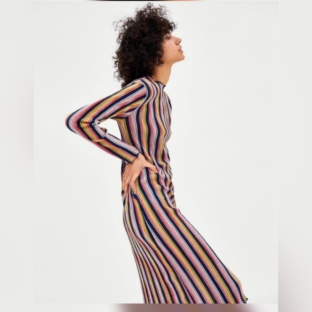 Zara 60s 70s Inspired Striped Midi Scalloped Shift Dress